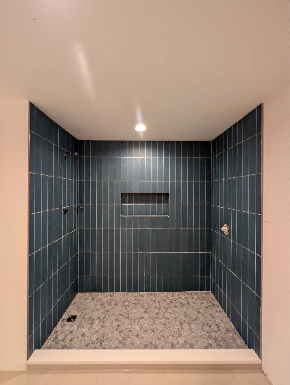 Front view of remodeled shower with niche and mosaic floor, Highland Park IL