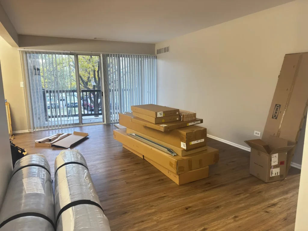IKEA furniture boxes delivered to an Arlington Heights apartment before assembly