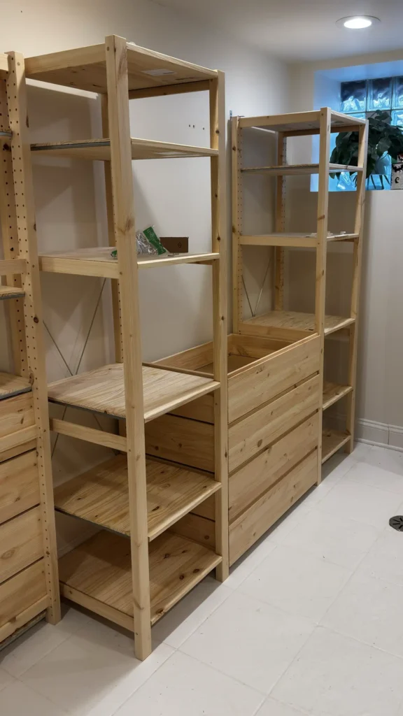 Multiple IKEA IVAR pine shelving units with drawers and adjustable shelves in a basement in Wilmette, IL
