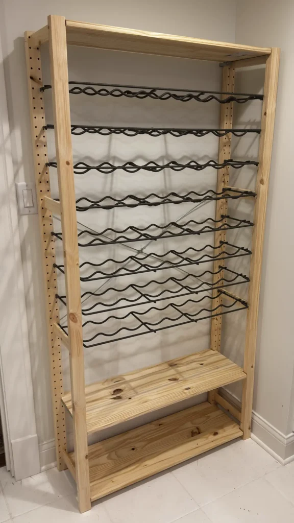IKEA IVAR pine shelving unit with metal wine bottle racks and wooden shelves in Wilmette, IL