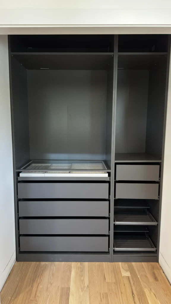 Dark IKEA PAX wardrobe interior with drawers, glass-front organizer and pull-out storage trays in Lake Forest, IL.