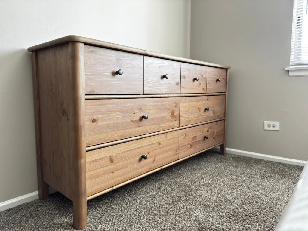 Solid pine IKEA 8-drawer dresser assembled in an Arlington Heights bedroom