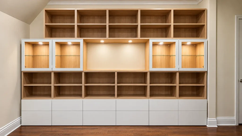 IKEA BESTÅ wall storage unit with oak-effect open shelves, lit glass-door cabinets and white drawers in Palatine, IL