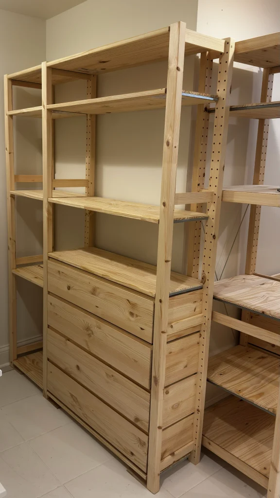 IKEA IVAR pine shelving units with a drawer chest and open shelves on a tiled floor in Palatine, IL
