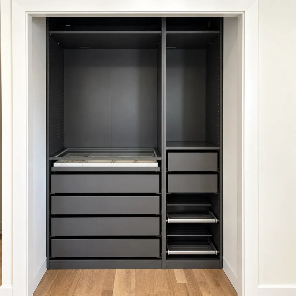 Built-in IKEA PAX wardrobe in a wall niche with drawers and pull-out shelves, finished with white trim in Palatine, IL