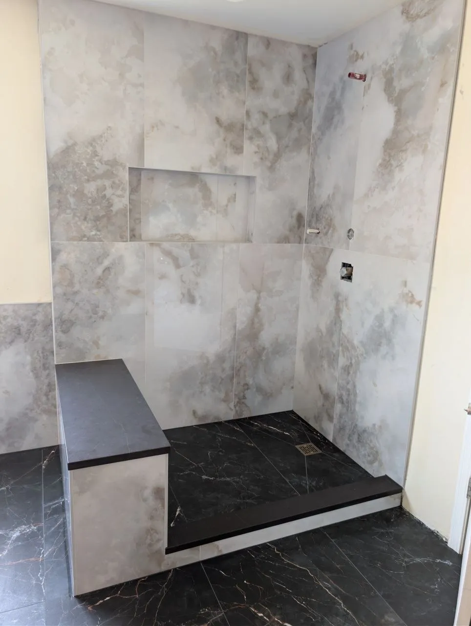 Schluter shower pan with slab curb and tiled bench, Naperville IL