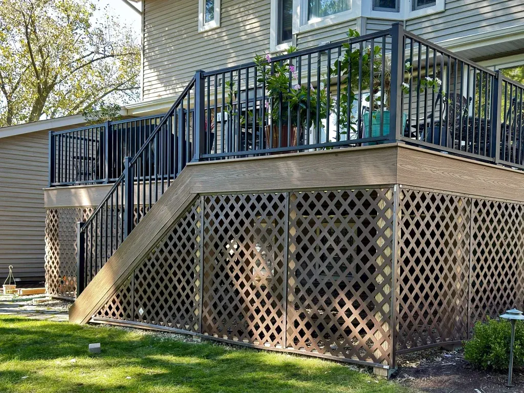 Wood lattice skirting beneath an outdoor deck