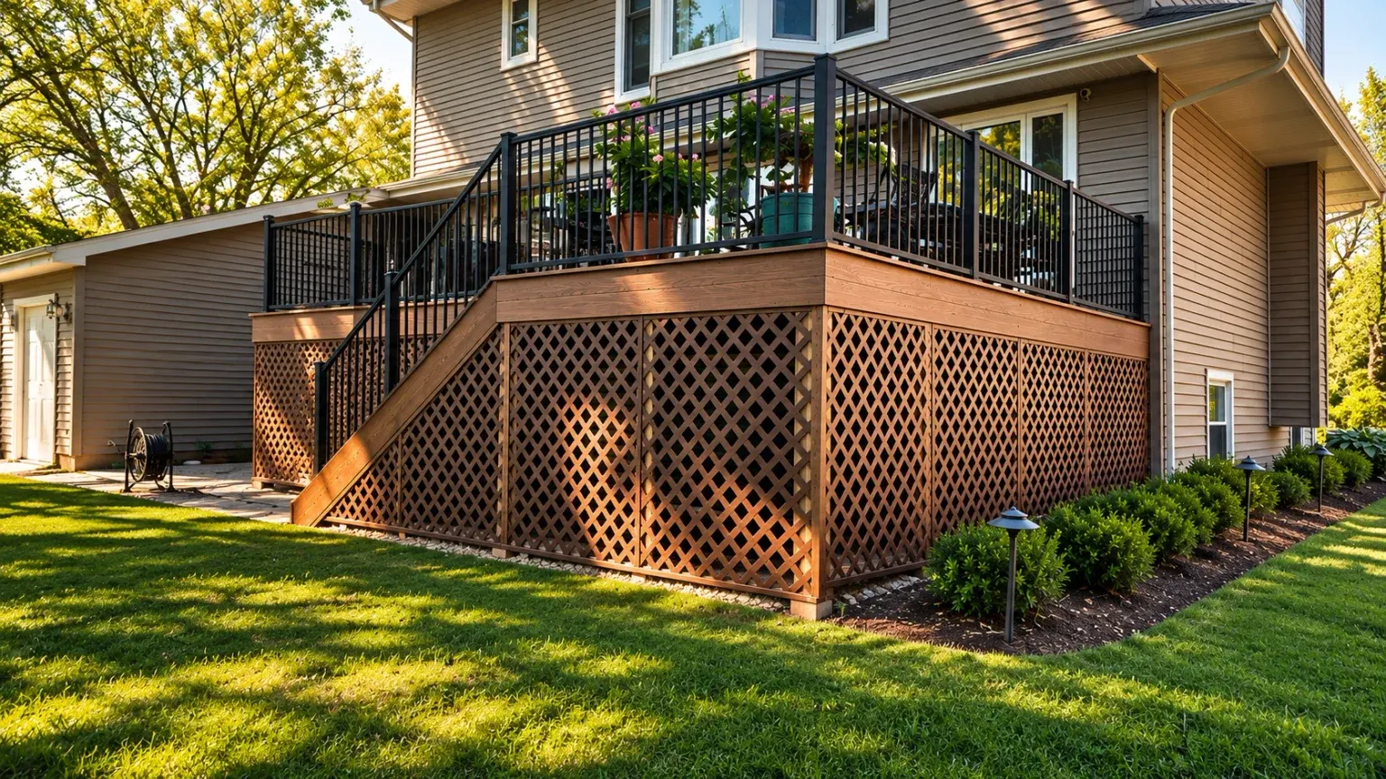 Wood deck with lattice skirting and black railings
